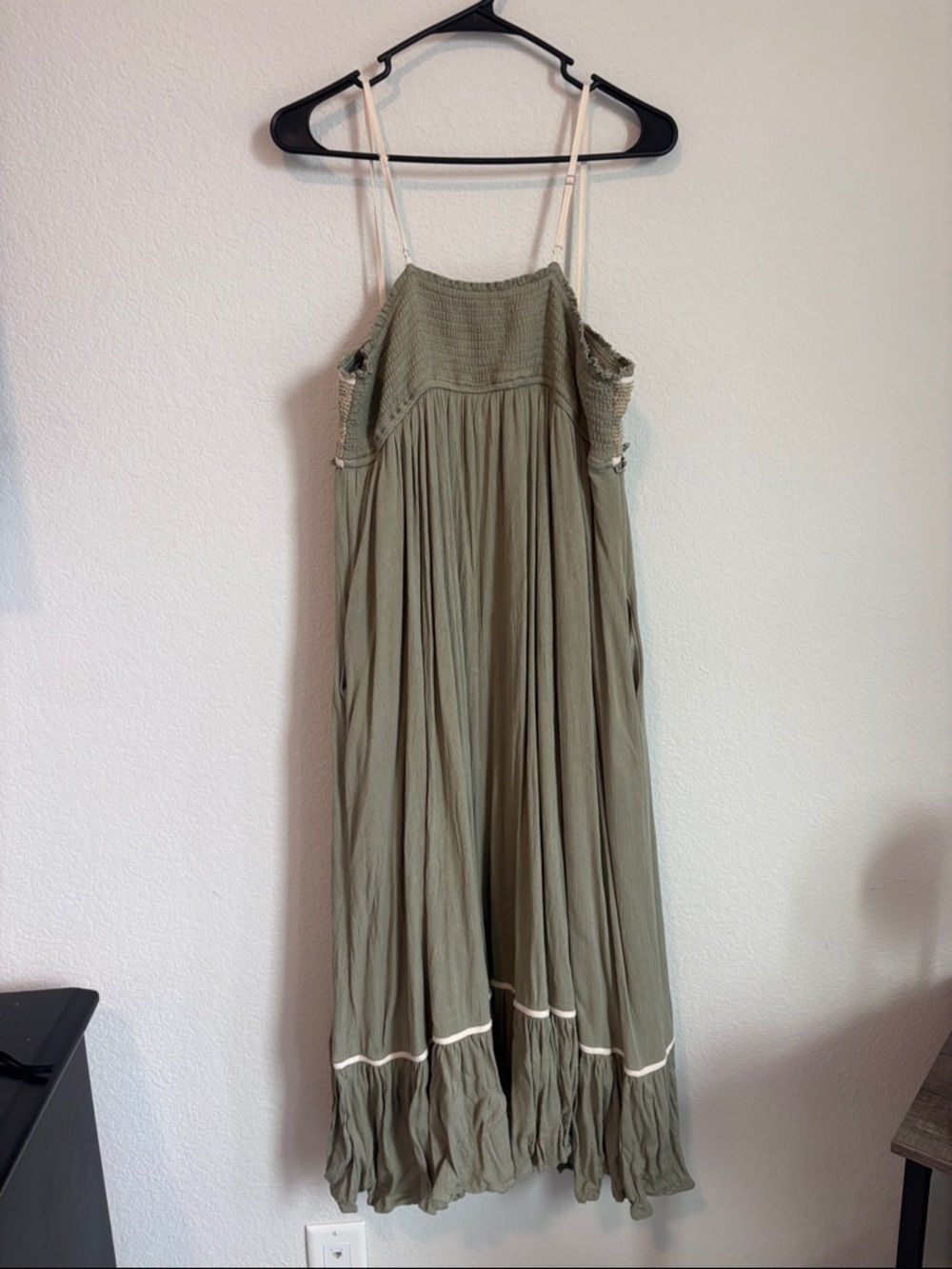 Ces Femme Olive Green boho Midi Dress with Cream Trim - Picture 6 of 9